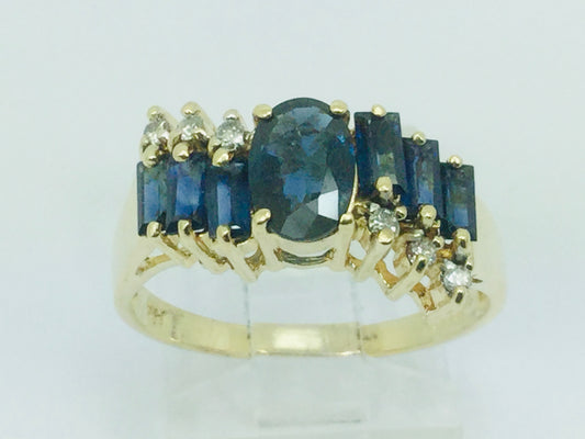 14k Yellow Gold Oval Cut and Baguette Cut 48pt Sapphire & 9pt Diamond Ring