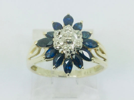 10k Yellow Gold Marquise Cut 2ct Sapphire September Birthstone & 3pt Diamond Floral Cluster Ring