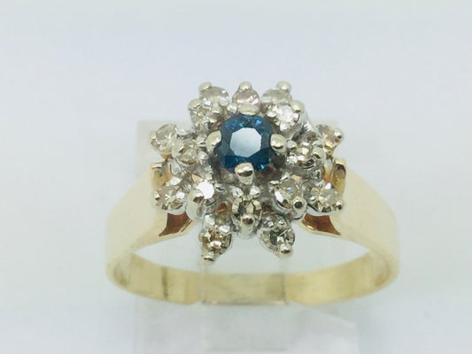 14k Yellow Gold Round Cut 16pt Sapphire September Birthstone & 32pt Diamond Halo Cluster Ring