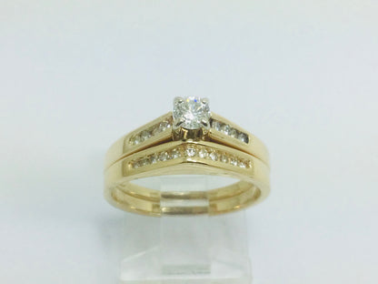 14k Yellow Gold Round Cut 39pt Diamond Channel Set Engagement Ring & Wedding Band Set