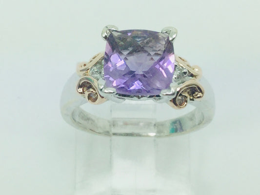 14k White Gold Cushion Cut Amethyst February Birthstone & Diamond Ring