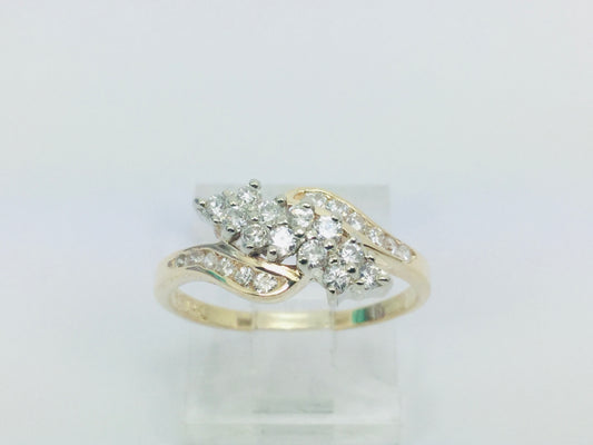 14k Yellow & White Gold Round Cut 50pt Diamond Cluster Ring