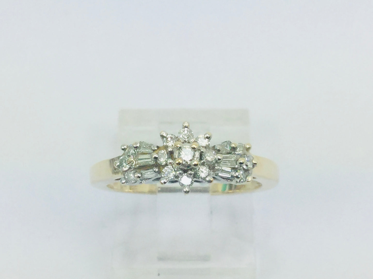 14k Yellow Gold Round and Baguette Cut 34pt Diamond Cluster Ring