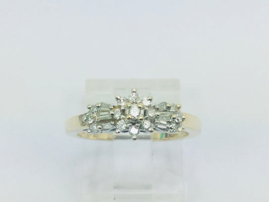 14k Yellow Gold Round and Baguette Cut 34pt Diamond Cluster Ring