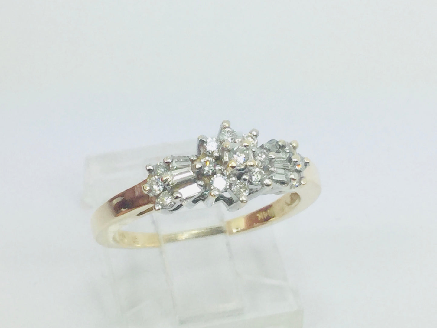 14k Yellow Gold Round and Baguette Cut 34pt Diamond Cluster Ring