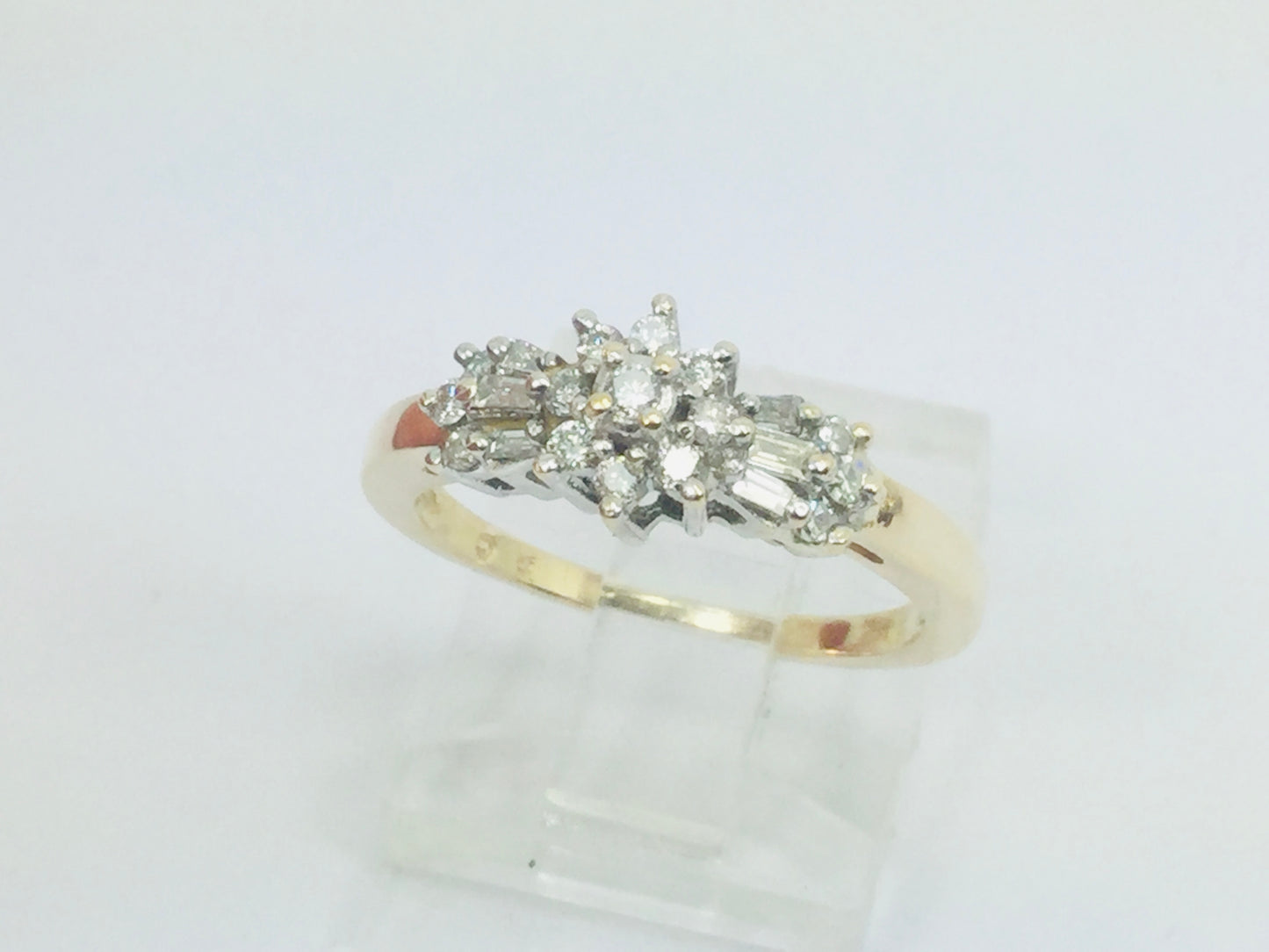 14k Yellow Gold Round and Baguette Cut 34pt Diamond Cluster Ring