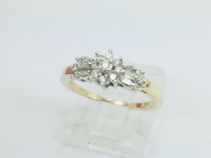 14k Yellow Gold Round and Baguette Cut 34pt Diamond Cluster Ring