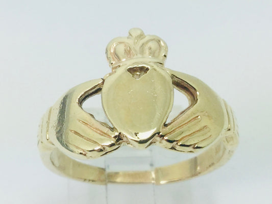 10k Yellow Gold Irish Claddagh Heart, Crown and Hands Ring