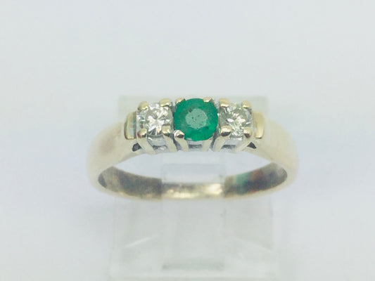 14k Yellow Gold Round Cut 18pt Emerald May Birthstone & 18pt Diamond Row Set Ring