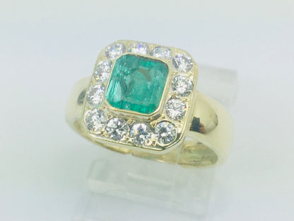 14k Yellow Gold Cushion Cut Emerald May Birthstone & Cubic Zirconia (CZ) Halo Ring