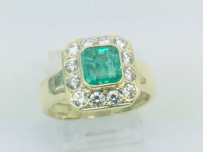 14k Yellow Gold Cushion Cut Emerald May Birthstone & Cubic Zirconia (CZ) Halo Ring