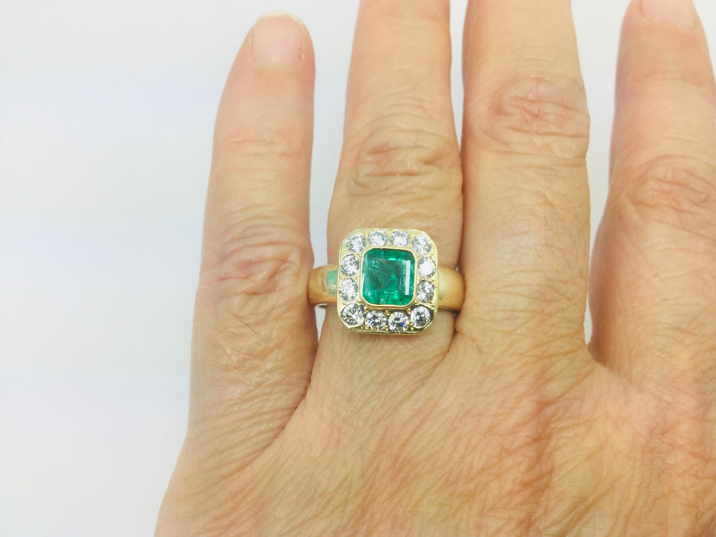 14k Yellow Gold Cushion Cut Emerald May Birthstone & Cubic Zirconia (CZ) Halo Ring