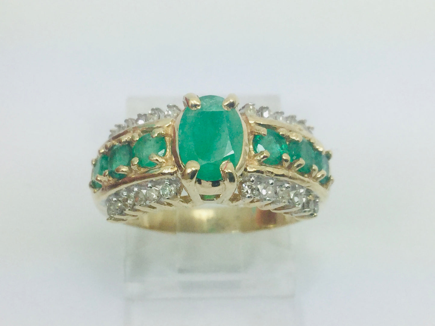 10k Yellow Gold Oval Cut Emerald May Birthstone & 12pt Diamond Row Set Ring