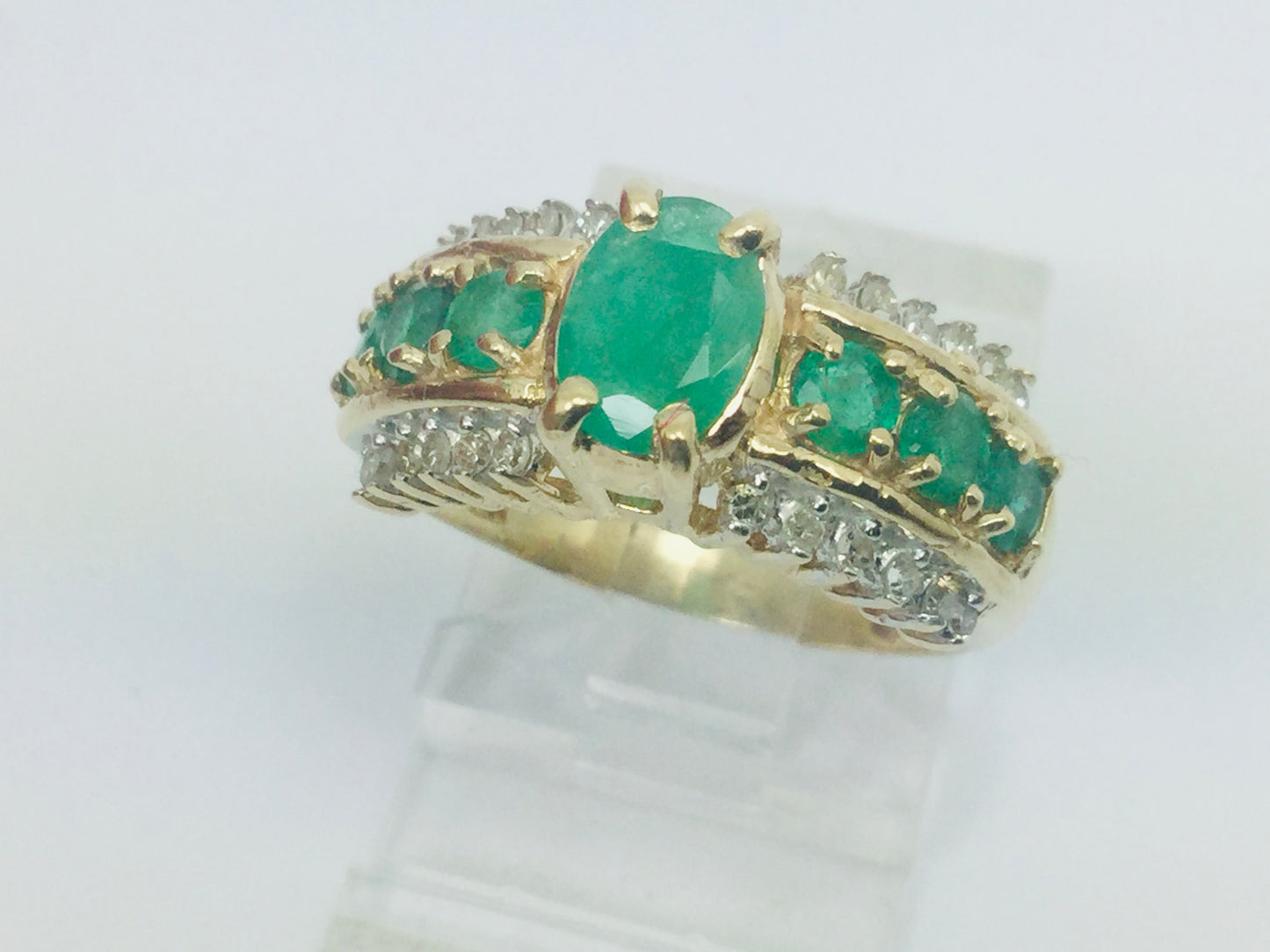 10k Yellow Gold Oval Cut Emerald May Birthstone & 12pt Diamond Row Set Ring