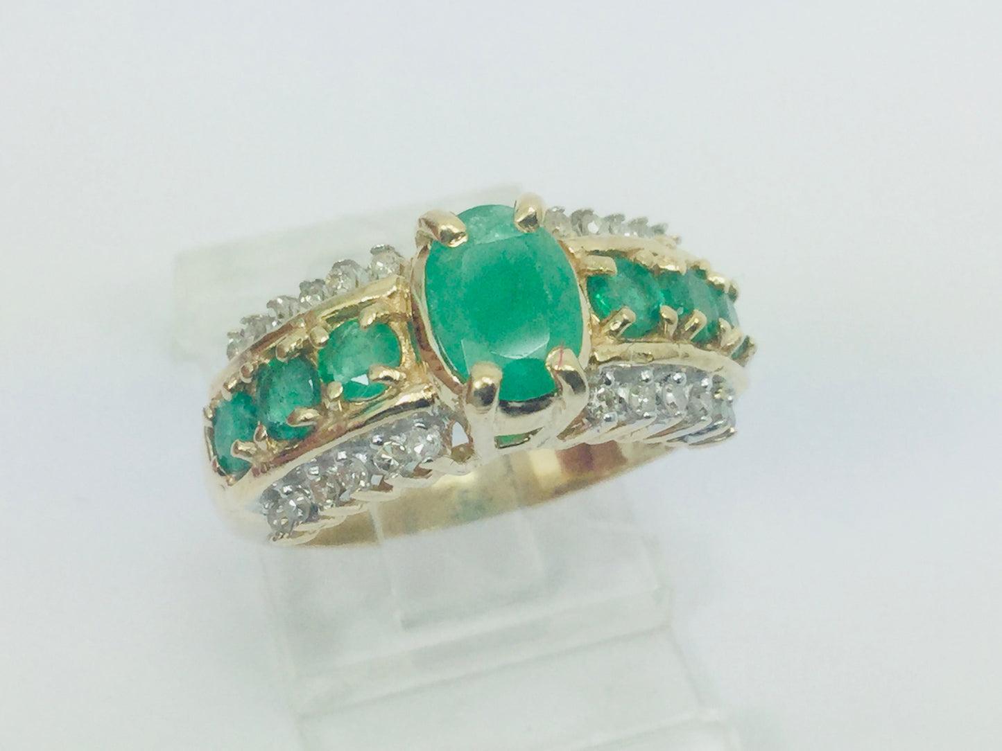 10k Yellow Gold Oval Cut Emerald May Birthstone & 12pt Diamond Row Set Ring