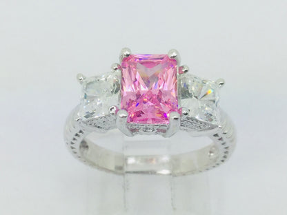 14k White Gold Emerald Cut Pink October Birthstone & Cubic Zirconia (CZ) Ring