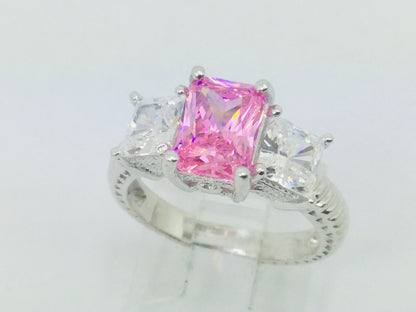 14k White Gold Emerald Cut Pink October Birthstone & Cubic Zirconia (CZ) Ring