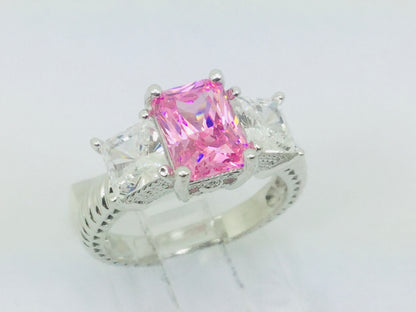 14k White Gold Emerald Cut Pink October Birthstone & Cubic Zirconia (CZ) Ring