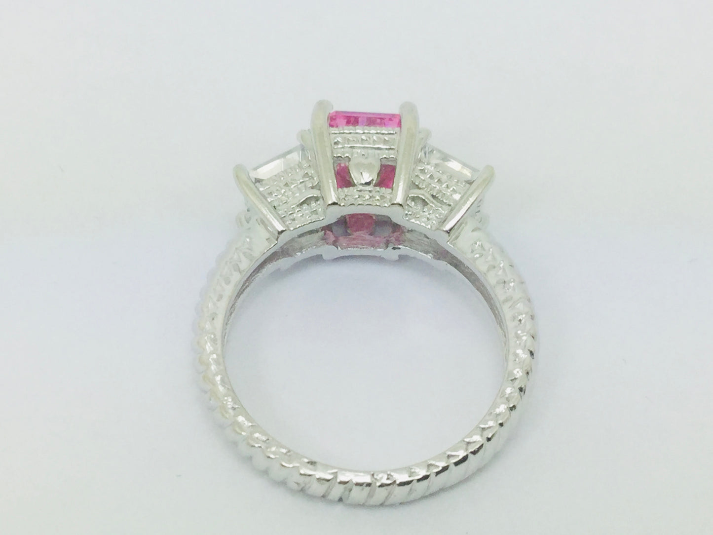 14k White Gold Emerald Cut Pink October Birthstone & Cubic Zirconia (CZ) Ring