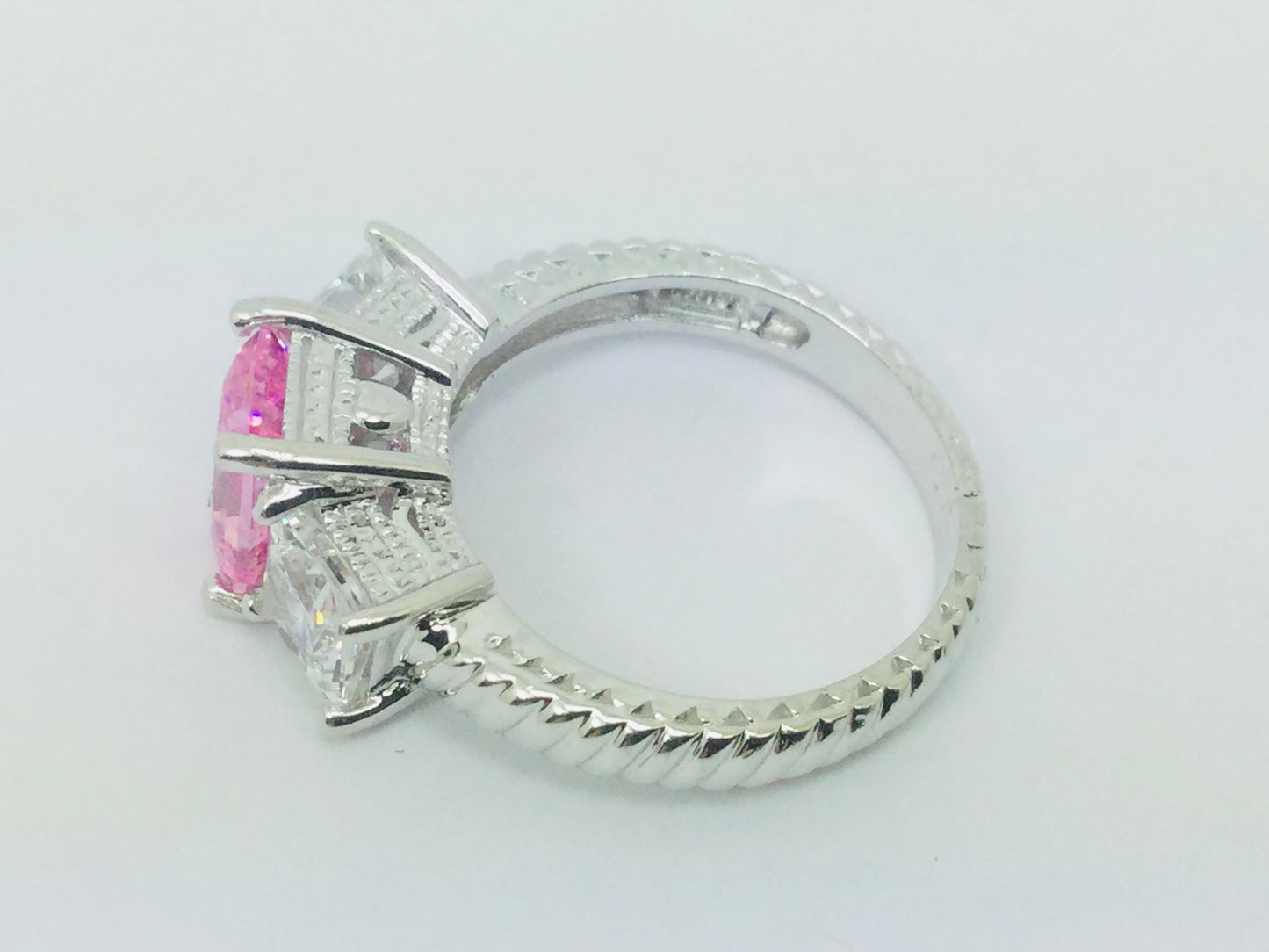 14k White Gold Emerald Cut Pink October Birthstone & Cubic Zirconia (CZ) Ring