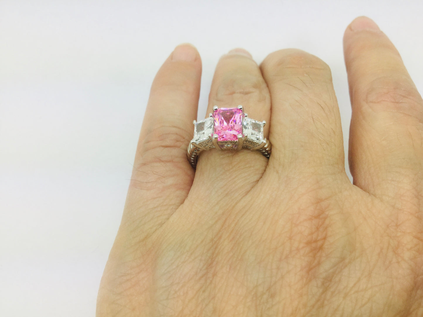 14k White Gold Emerald Cut Pink October Birthstone & Cubic Zirconia (CZ) Ring