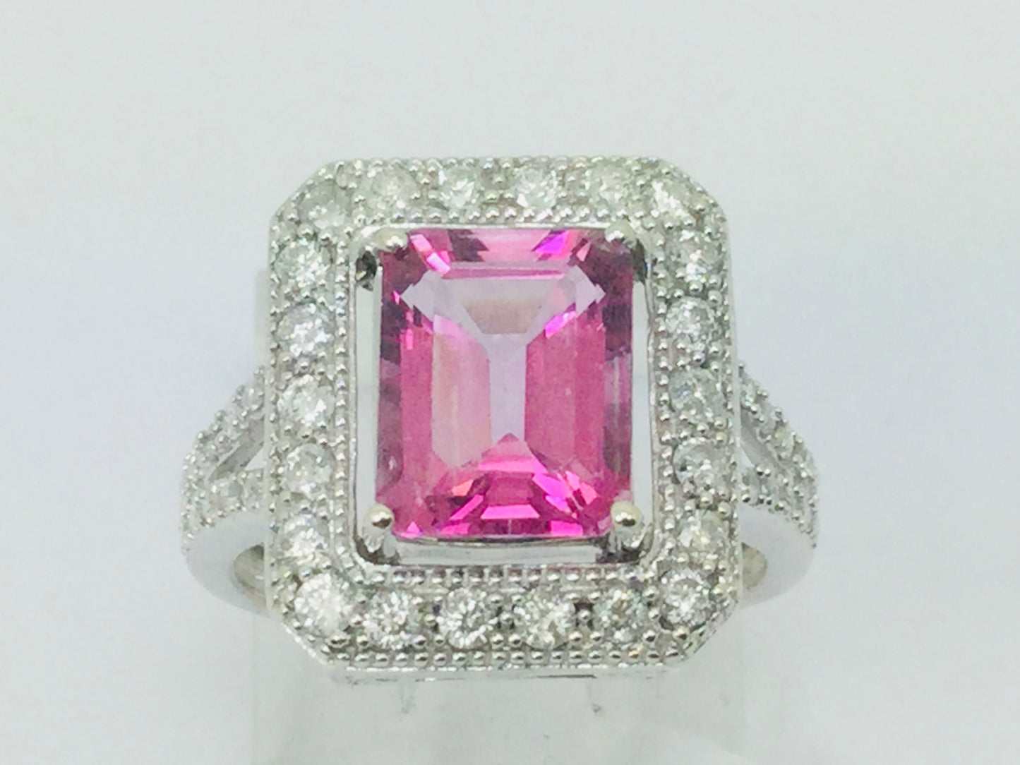 14k White Gold Emerald Cut 2.50ct Pink Topaz & 0.53ct Diamond Ring