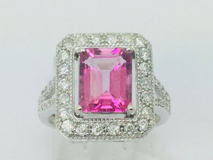 14k White Gold Emerald Cut 2.50ct Pink Topaz & 0.53ct Diamond Ring