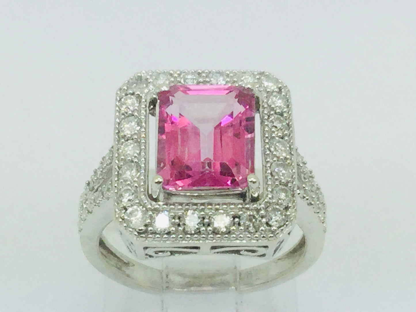 14k White Gold Emerald Cut 2.50ct Pink Topaz & 0.53ct Diamond Ring