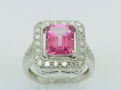 14k White Gold Emerald Cut 2.50ct Pink Topaz & 0.53ct Diamond Ring