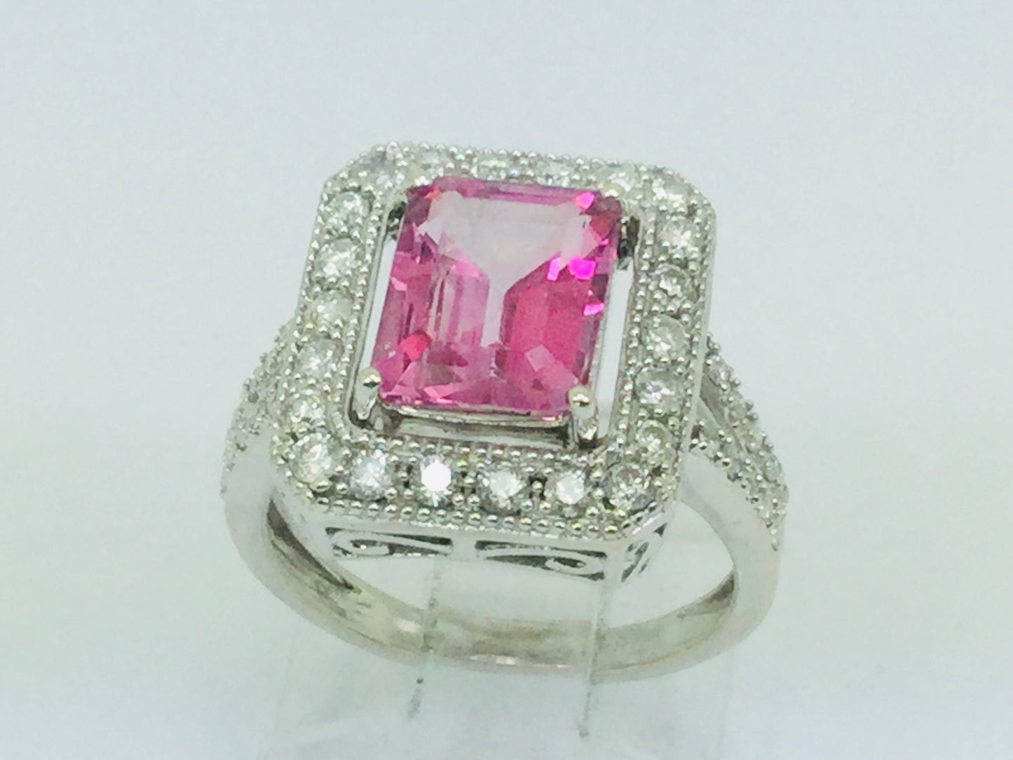 14k White Gold Emerald Cut 2.50ct Pink Topaz & 0.53ct Diamond Ring