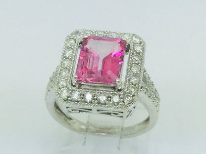 14k White Gold Emerald Cut 2.50ct Pink Topaz & 0.53ct Diamond Ring