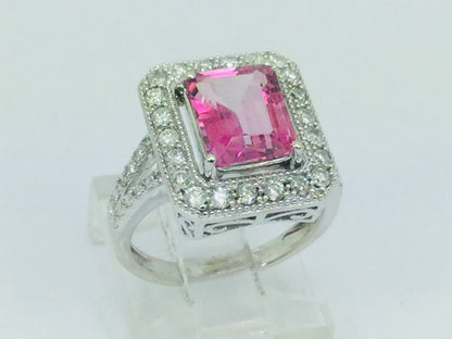 14k White Gold Emerald Cut 2.50ct Pink Topaz & 0.53ct Diamond Ring