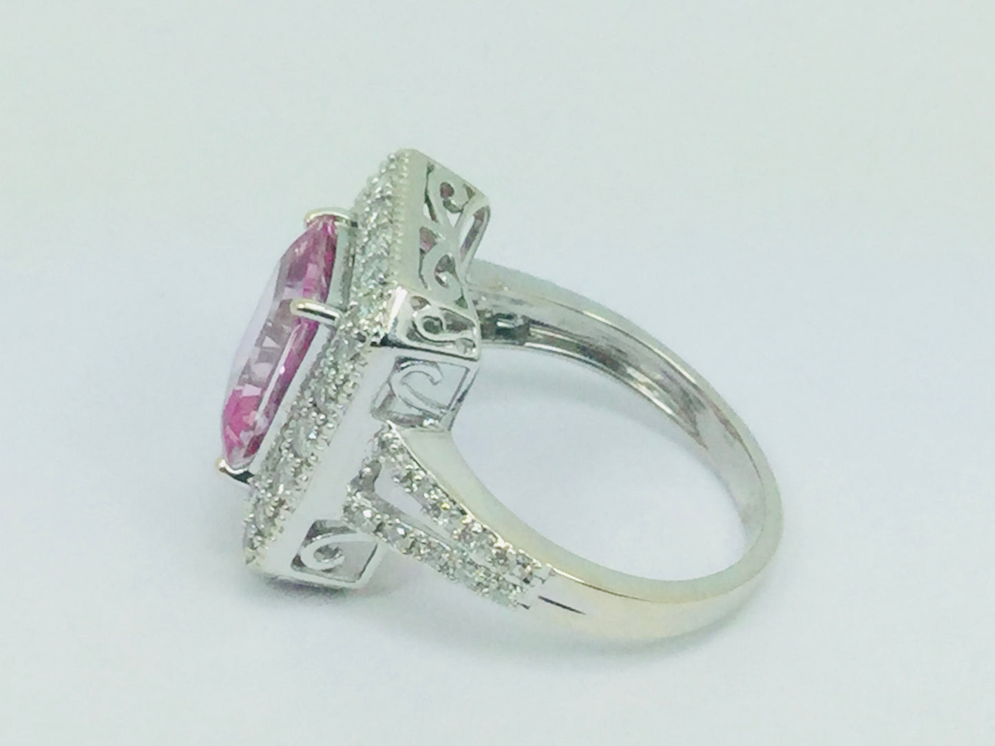 14k White Gold Emerald Cut 2.50ct Pink Topaz & 0.53ct Diamond Ring