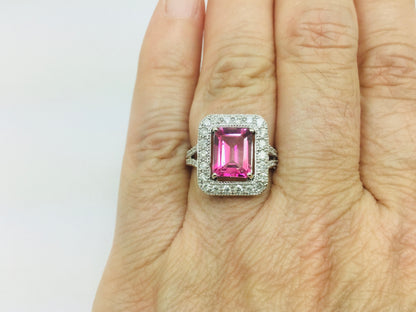 14k White Gold Emerald Cut 2.50ct Pink Topaz & 0.53ct Diamond Ring