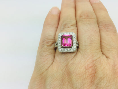 14k White Gold Emerald Cut 2.50ct Pink Topaz & 0.53ct Diamond Ring