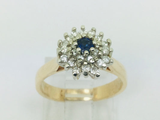 14k Yellow and White Gold Oval Cut 0.15ct Sapphire September Birthstone & 0.32ct Diamond Cluster Ring