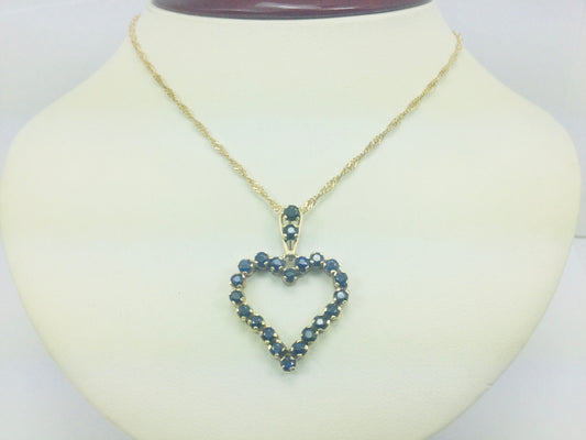 14k Yellow Gold Round Cut 1.32ct Sapphire Heart Pendent & Twisted Link Necklace