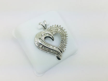 14k White Gold Round & Baguette Cut 1.5ct Diamond Heart Pendent