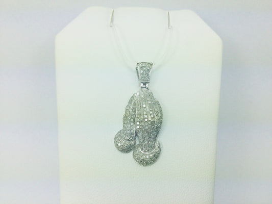 10k White Gold Round Cut 0.83ct Diamond Praying Hands Pendent