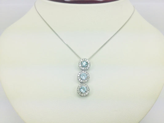 14k White Gold Round Cut Blue Topaz & Diamond Pendent and 10k Gold Chain Necklace