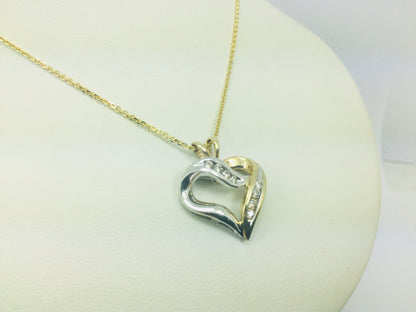 10k White and Yellow Gold Round Cut 18pt Diamond Heart Necklace