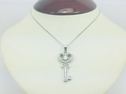 10k White Gold Round Cut Cubic Zirconia (CZ) Heart Key Necklace