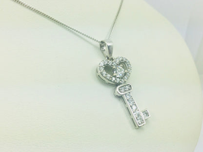 10k White Gold Round Cut Cubic Zirconia (CZ) Heart Key Necklace