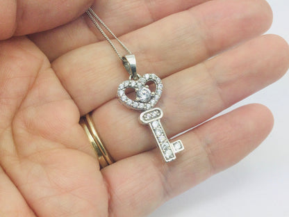 10k White Gold Round Cut Cubic Zirconia (CZ) Heart Key Necklace