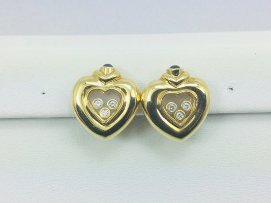 Vintage 14k Yellow Gold Happy Diamonds & Round Cut Sapphire Heart Earrings