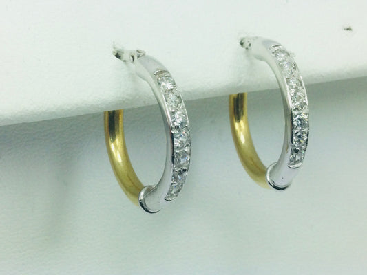 18k White and Yellow Gold Round Cut Cubic Zirconia (CZ) Hoop Earrings