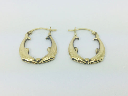 10k Yellow Gold Round Circular Dolphin Hoop Earrings