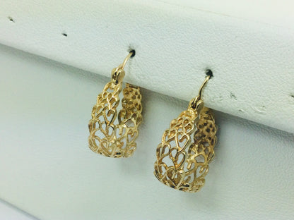 10k Yellow Gold Filigree Style Oval Hoop Earrings