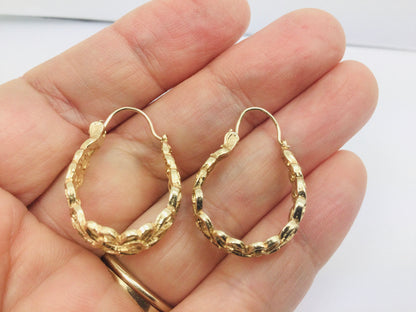 10k Yellow Gold Filigree Style Oval Hoop Earrings