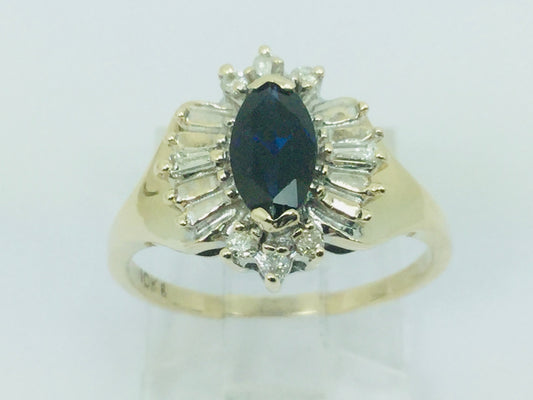 10k Yellow Gold Marquise Cut 50pt Sapphire & 19pt Diamond Ring